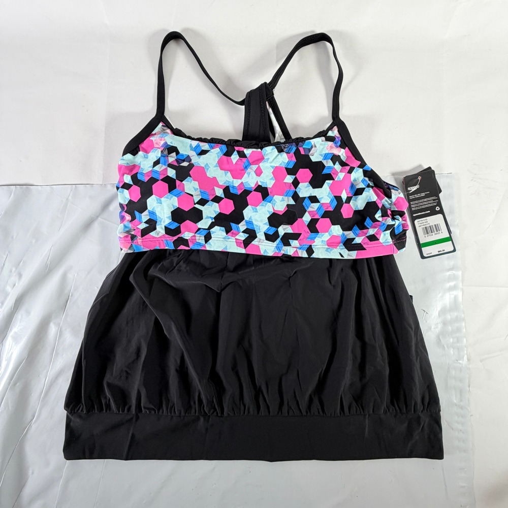 Speedo‎ Women's Blouson Tankini Top Anthracite Geometric Swim Size L 7734341002